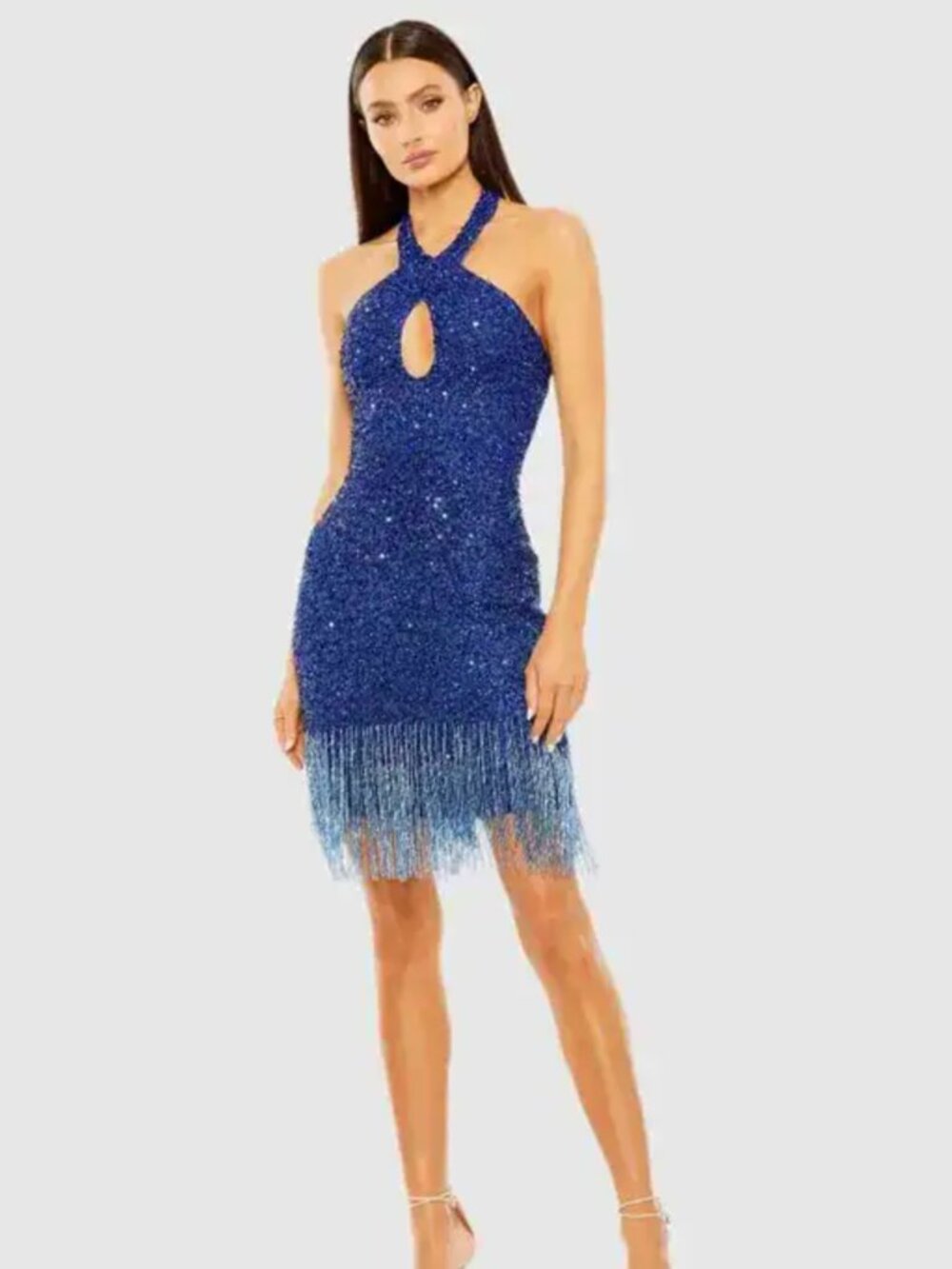 NWT Mac Duggal beaded mini dress with fringe hem Blue 2